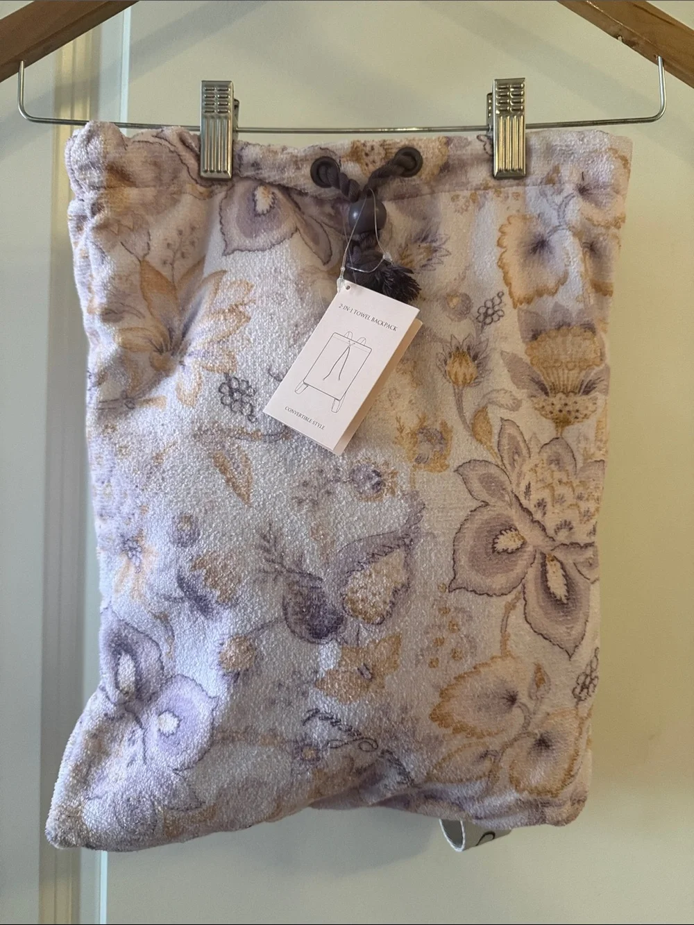 NWT Victoria's Secret 2 in 1 Lilac Purple Floral Towel Drawstring Backpack